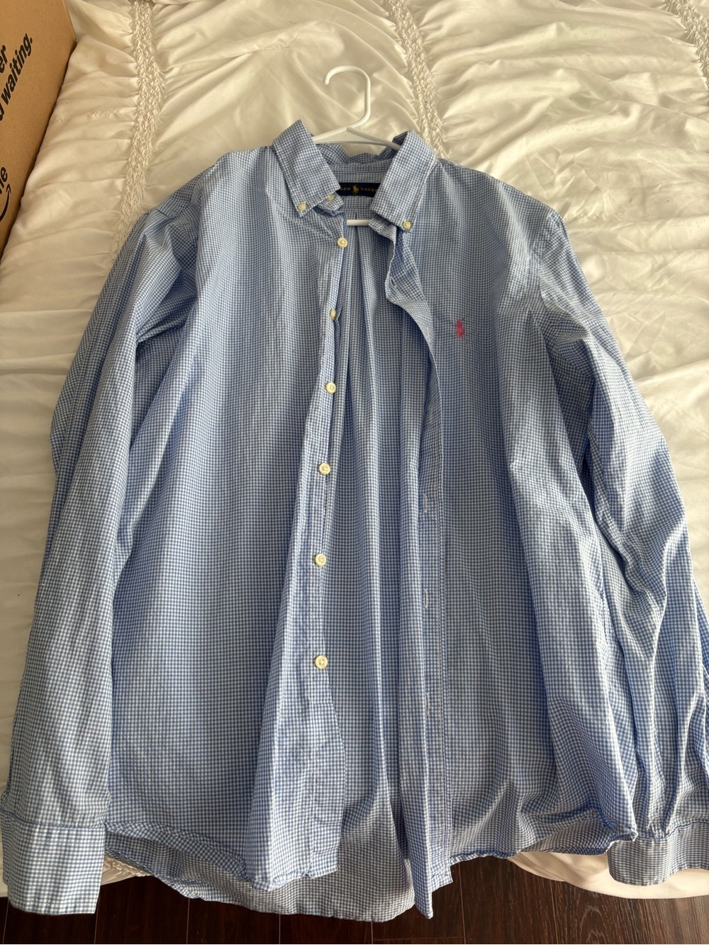Ralph Lauren Light Blue Gingham Button-Down Shirt with Pink Logo